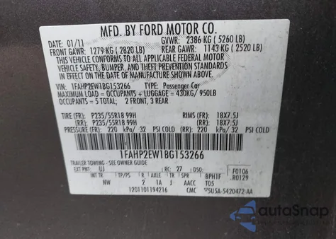 2011 Ford Taurus Sel z USA, uszkodzony, nr VIN 1FAHP2EW1BG153266